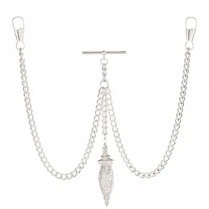 New Sterling Silver Color Double Albert Pocket Watch Chain with Hollow Pendant - Picture 1 of 5