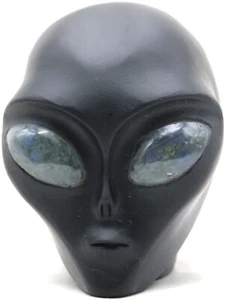 FANTASTIC Black OBSIDIAN Art Sculpture ALIEN HEAD with LABRADORITE Gemstone Eyes - Imagen 1 de 6