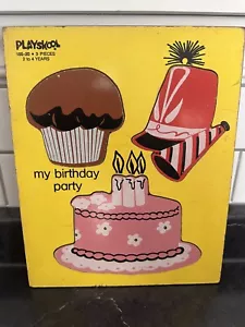 Vintage Playskool Wooden Puzzle "Birthday Party" 155-20 3 Pieces Collectible - Picture 1 of 1