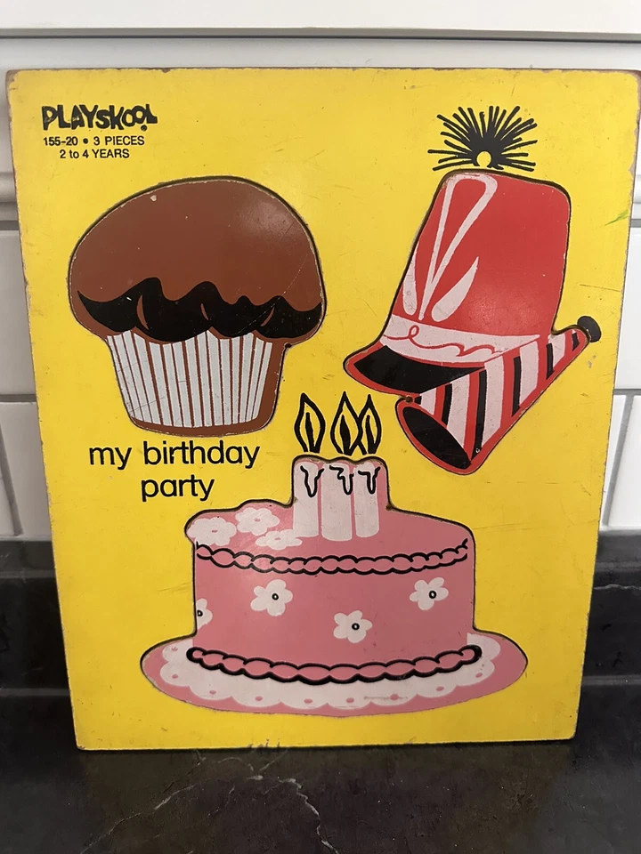 Rompecabezas de madera vintage Playskool "Fiesta de cumpleaños" 155-20 3 piezas coleccionables Foto 1 de 1