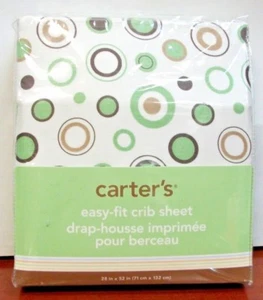 Carter's Easy Fit Crib Sheet 100% Cotton Ecru Brown Green Circles 200TC NIP - Picture 1 of 3