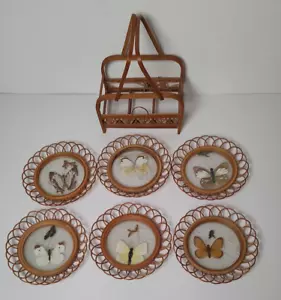 6 Vinitage Bamboo and Glass Butterfly Coaster with Real butterfly wings Set - Picture 1 of 11