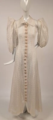 1930’S EMBR ORGANDY DRESS W UNUSUAL POINTED OPEN UNDERARM SLEEVES - Image 1 of 4