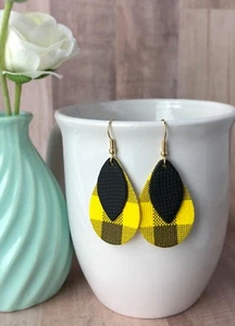 Dangle Faux Vegan Leather Hawkeye Steelers Black Yellow Buffalo Plaid Earrings  - Picture 1 of 3
