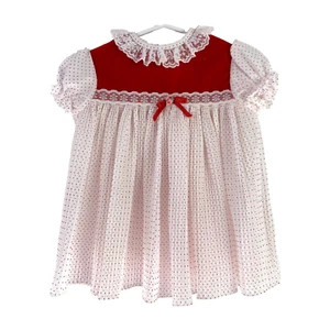 Vintage 80s Red White Lace Pleated Circle Skirt Dress Size 9 Months - Picture 1 of 3