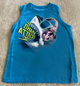 Arizona Jeans Company Boys Blue Shark Attack Pink Headphones Tank Top Small 8 - Picture 1 of 7