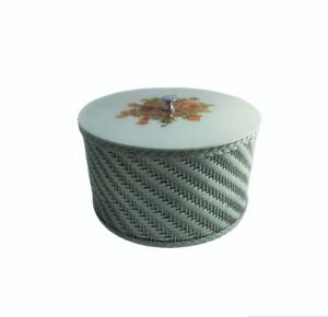 VINTAGE HARVEY Round Teal Aqua Wicker Sewing Basket Floral Decal Lid Metal Knob
