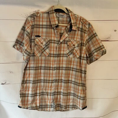 AKOO Trust80Akoo Shirt Men's XL Short Sleeve Orange White Black Plaid - Image 1 of 4