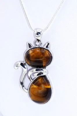 Silberkette mit Tigerauge-Katzenanhänger - Bild 1 von 3
