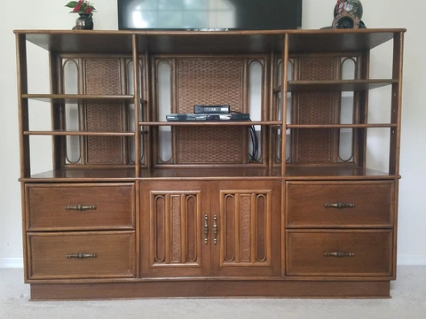 mahogany display cabinet with rattan accents Cover