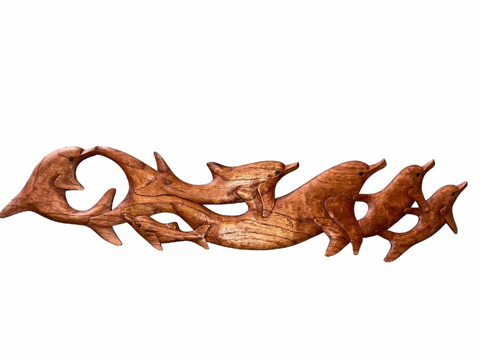 39” DOLPHIN & FRIENDS MADERA DE PINO NATURAL COLGANTE PARED ARTE PLACA PATIO DECORACIÓN DEL HOGAR Foto 1 de 1