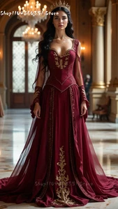 Medieval Corset Prom Dress Flare Sleeves Long Burgundy Vintage Evening Dresses - Picture 1 of 4