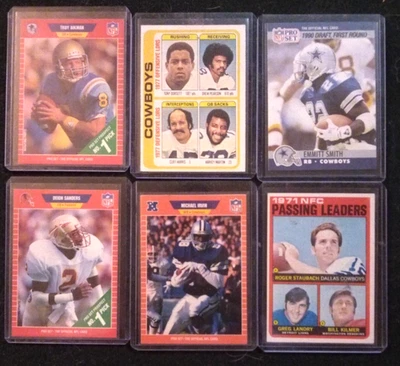 Lote de 6 tarjetas de novato vintage de los Dallas Cowboys 1971-1991 Staubach Aikman Deion Dorsett Foto 1 de 4