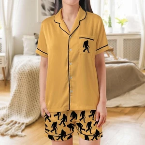 Bigfoot Satin Pajama Set - Sasquatch Womens Short Sleeve Shorts Sleepwear - Picture 1 of 13