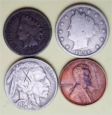 Lot of 4 Old Coins – 1 Indian Head Penny, 1 Lib V 5c, 1 Buffalo 5c & 1 Linc 1c - Image 1 of 2