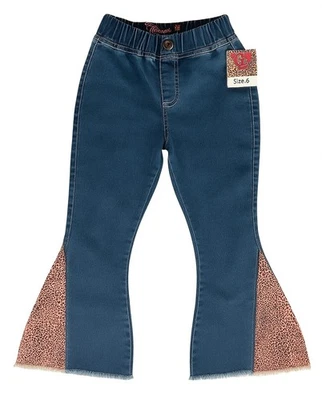 女牛仔五金女孩尺寸 6 豹纹粉色喇叭裤牛仔裤中号水洗全新带标签 — 第 1/4 张图片