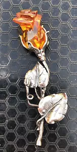 Vintage 1970's Polish 925 silver & baltic amber brooch rose flower hand carved - Picture 1 of 5