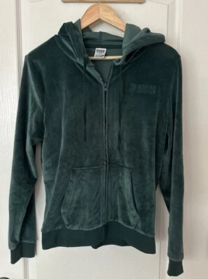 Victoria's Secret PINK VELVET VELOUR FULL-ZIP Hoodie Logo Sz Medium Green EUC - Image 1 of 4