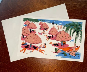 Vintage 1950s Puerto Vallarta Mexican Silk Screen Print Tourists Sunbathing - Picture 1 of 4