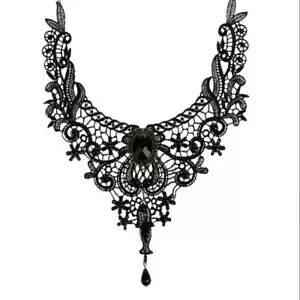 Punk Gothic Women Black Lace Bead Choker Collar Pendant Necklace Jewelry Gift - Picture 1 of 8