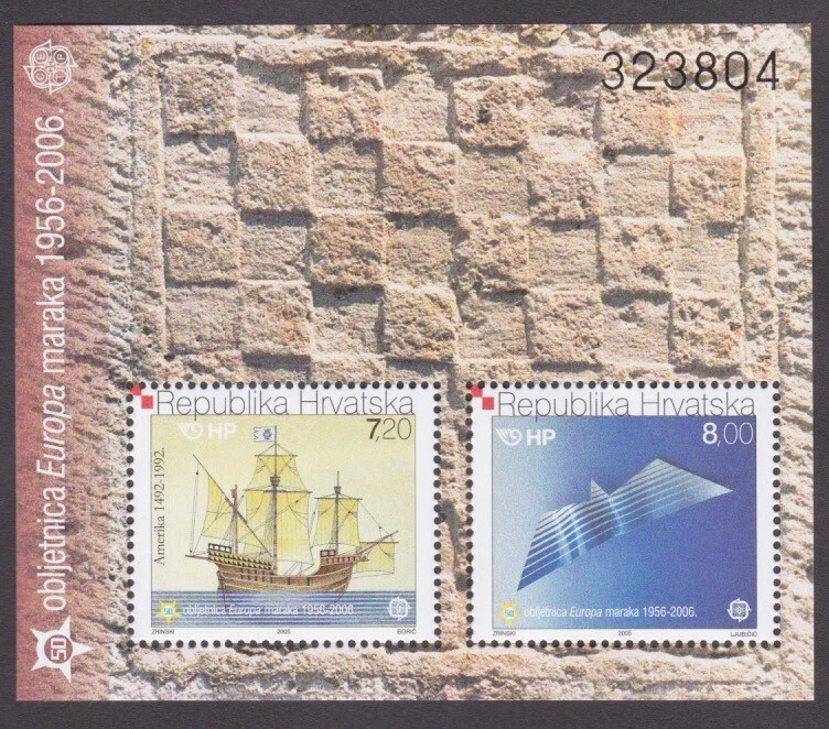 Hoja de recuerdo de sello de Croacia 2006 50º Annv de Europa #rd Bird Ship Columbus Foto 1 de 1
