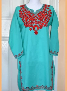 Lange Baumwolltunika Oberteil Kurti rot bestickt meergrün Farbe!! - Bild 1 von 6
