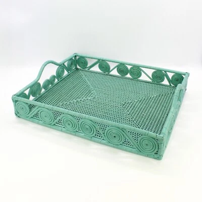 New Swirly Rectangle Rattan Extra Large Tray with Handles-Turquoise-20" - Image 1 of 4