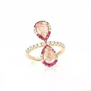 Estenza Double Pear Shape Rose Quartz Diamond and Pink Sapphire Halo Ring 14K Ro - Picture 1 of 3