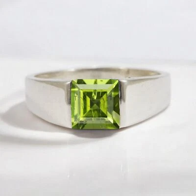 Piedras preciosas de corte cuadrado de peridoto con anillo de plata de ley 925 para hombre #A71 Foto 1 de 4