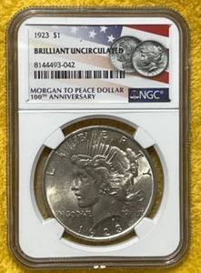 BRILLIANT UNC~1923 P Peace S$1~NGC CERTIFIED~100TH ANNIVERSARY~US FLAG HOLDER~BU - Picture 1 of 4