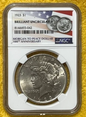 BRILLIANT UNC~1923 P Peace S$1~NGC CERTIFIED~100TH ANNIVERSARY~US FLAG HOLDER~BU - Image 1 of 4