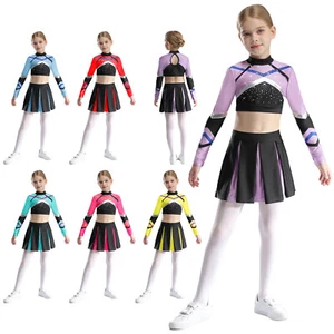Girls Set Shiny Outfits Uniform Cheer Leader Contrast Color Tops And Miniskirt - Picture 1 of 43
