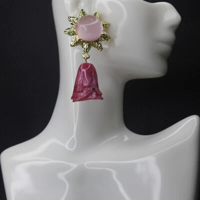 Women Vintage Earrings Red Resin Flowers Silver Needle Earrings Accessories - Image 1 of 3