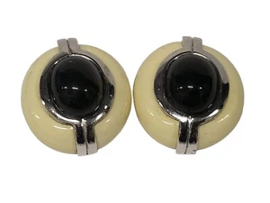 Vintage CINER SilverTone Enamel Black Stone Clip On Earrings SIGNED RARE - Picture 1 of 7