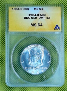 1964-D Kennedy Half Dollar DDO-010 DMR-12 RDV-001 ANACS MS64 #4598 Rare - Picture 1 of 2