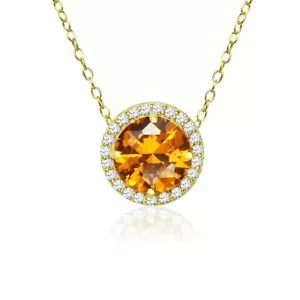 Round Halo Simulated Citrine & CZ Necklace in Gold Plated Sterling Silver - Picture 1 of 4