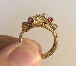 John Hardy Naga Dragon Two Headed 18k Yellow Gold Ruby and Diamond Ring, Size 6