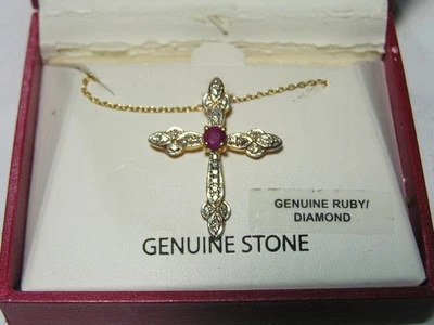 ..Ross Simons Fancy 2-Tone Sterling Silver, Ruby, Diamond CROSS Pendant Necklace - Image 1 of 4