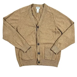 LL Bean Lambs Wool Cardigan Sweater Mens M Oatmeal/Tan Wood Buttons FLAW - Picture 1 of 10
