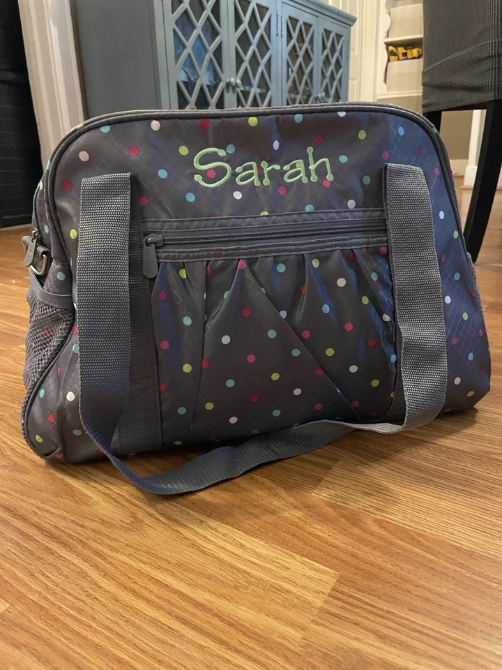 Сумка с короткими ручками для подгузников большая серая с разноцветными горошек вышитая Sarah - Изображение 1 из 4