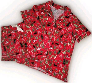 Lands End Damen rot Flanell Hund Druck Pyjama Set Gr. Small Hemd Shorts Urlaub - Bild 1 von 10