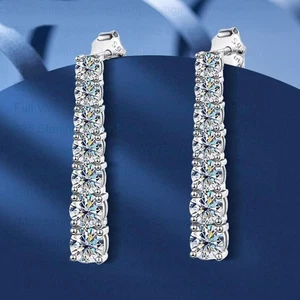 Full D VVS1 Round Cut Moissanite Dangle Drop Earrings 14K White Gold Plated GRA - Picture 1 of 14