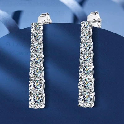 Full D VVS1 Round Cut Moissanite Dangle Drop Earrings 14K White Gold Plated GRA - Image 1 of 4