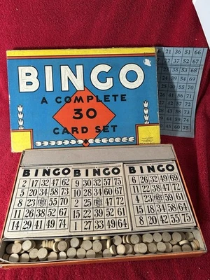 Vintage 1936 Bingo Card Set Milton Bradley complete set Wooden Numbers & markers - Image 1 of 4