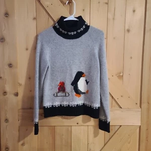 Talbots Woman Small Xmas Wool Angora Sweater Gray Black Penguin Nordic Mock - Picture 1 of 9
