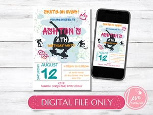 Patineta DIGITAL Invitaciones PERSONALIZADAS - Niñas/Niños Patinar Fiesta de Cumpleaños - Imagen 1 de 5