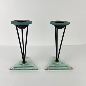 Vtg Candle Holder Post Modern Glass Triangle Candlestick 8in - Picture 1 of 17