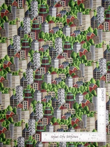 Town City Buildings Trees Going Places Cotton Fabric Blank Textiles By The Yard - Picture 1 of 1