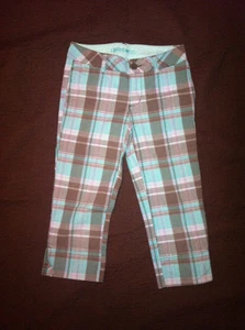 Limited Too Girl's Teal Pink Brown Metallic Silver Plaid Capris Pants Sz 10 Reg - Picture 1 of 2