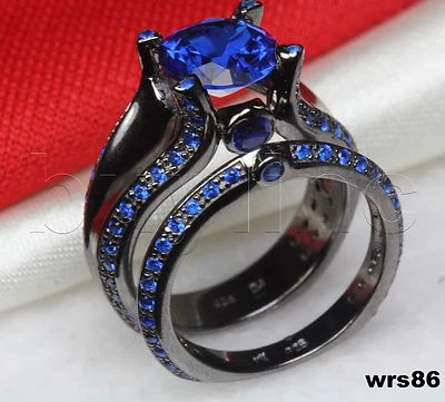 Juego de anillos de compromiso boda circonita cúbica azul circonita negra rodio sin níquel plata 925 Foto 1 de 4